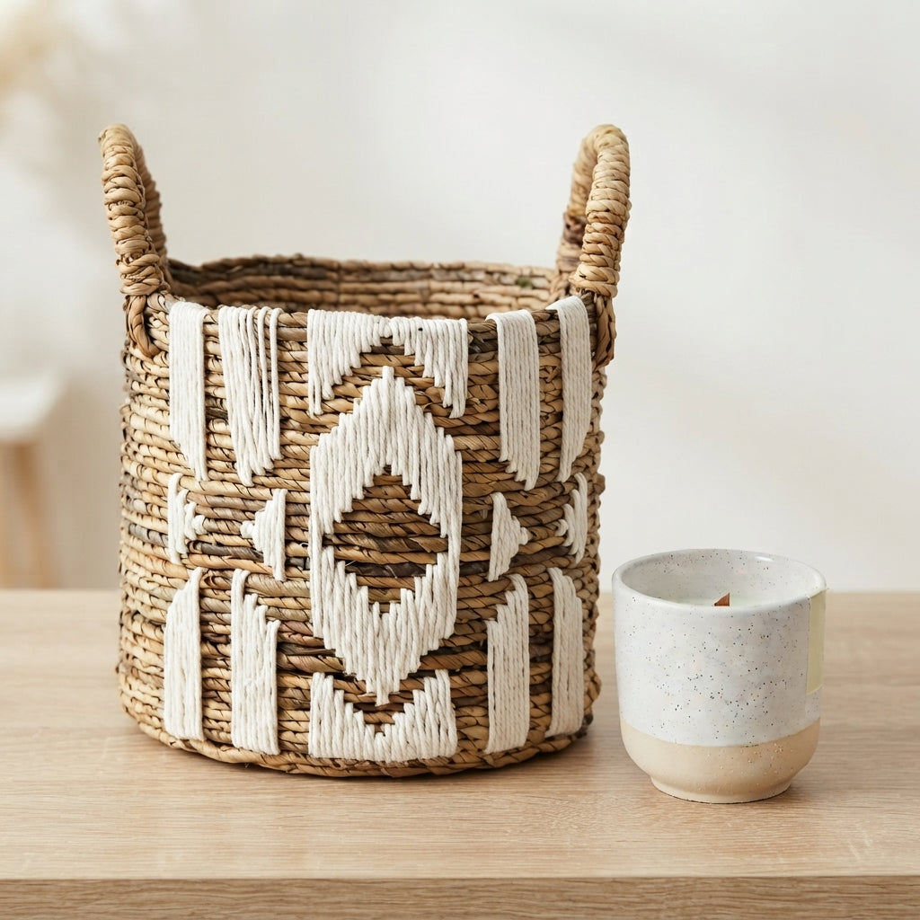 Duo Cocooning Nature – Panier Nasari en macramé & Bougie Vanille Ambre