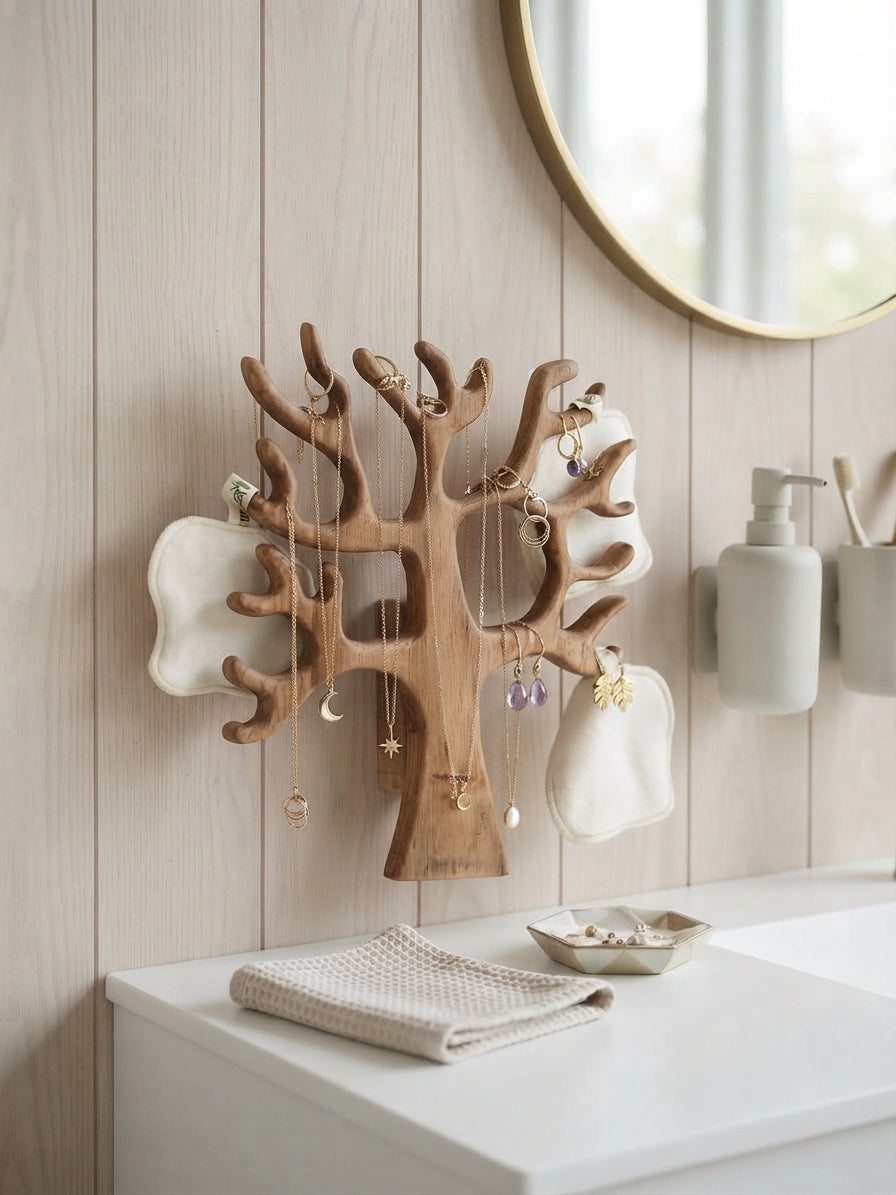 Arbre à bijoux mural en bois avec colliers, boucles d’oreilles et cotons lavables suspendus 
