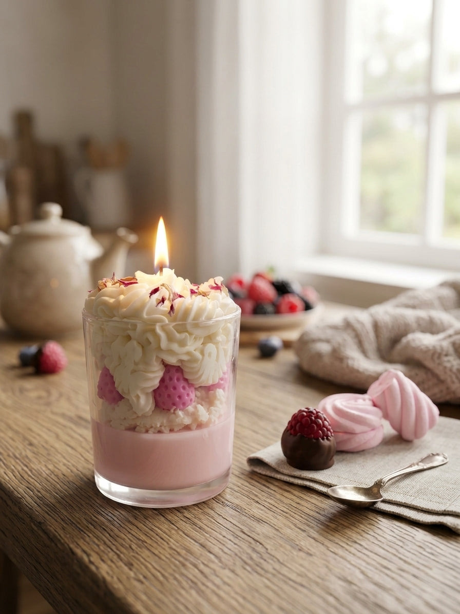 bougie parfumée rose et chantilly allumée