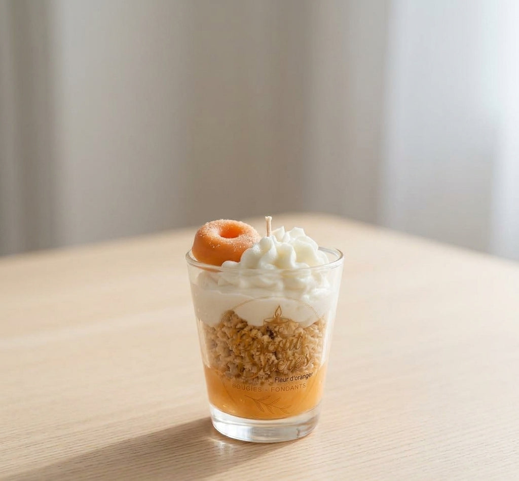 Bougie Éclat Fleur d’oranger dans un verre, avec décor orange et façon chantilly