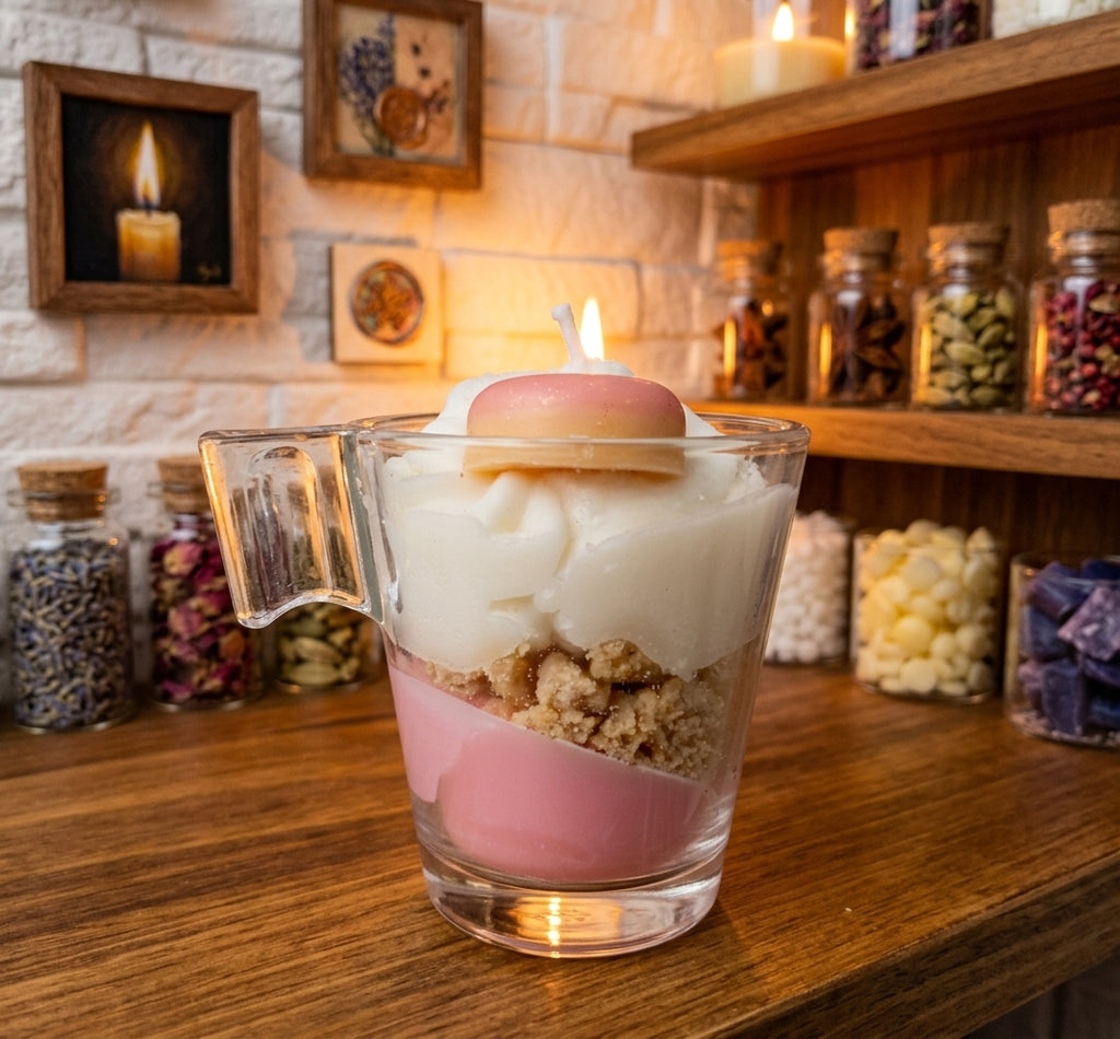 Bougie Éclat rose allumée dans une tasse en verre, avec décor façon chantilly