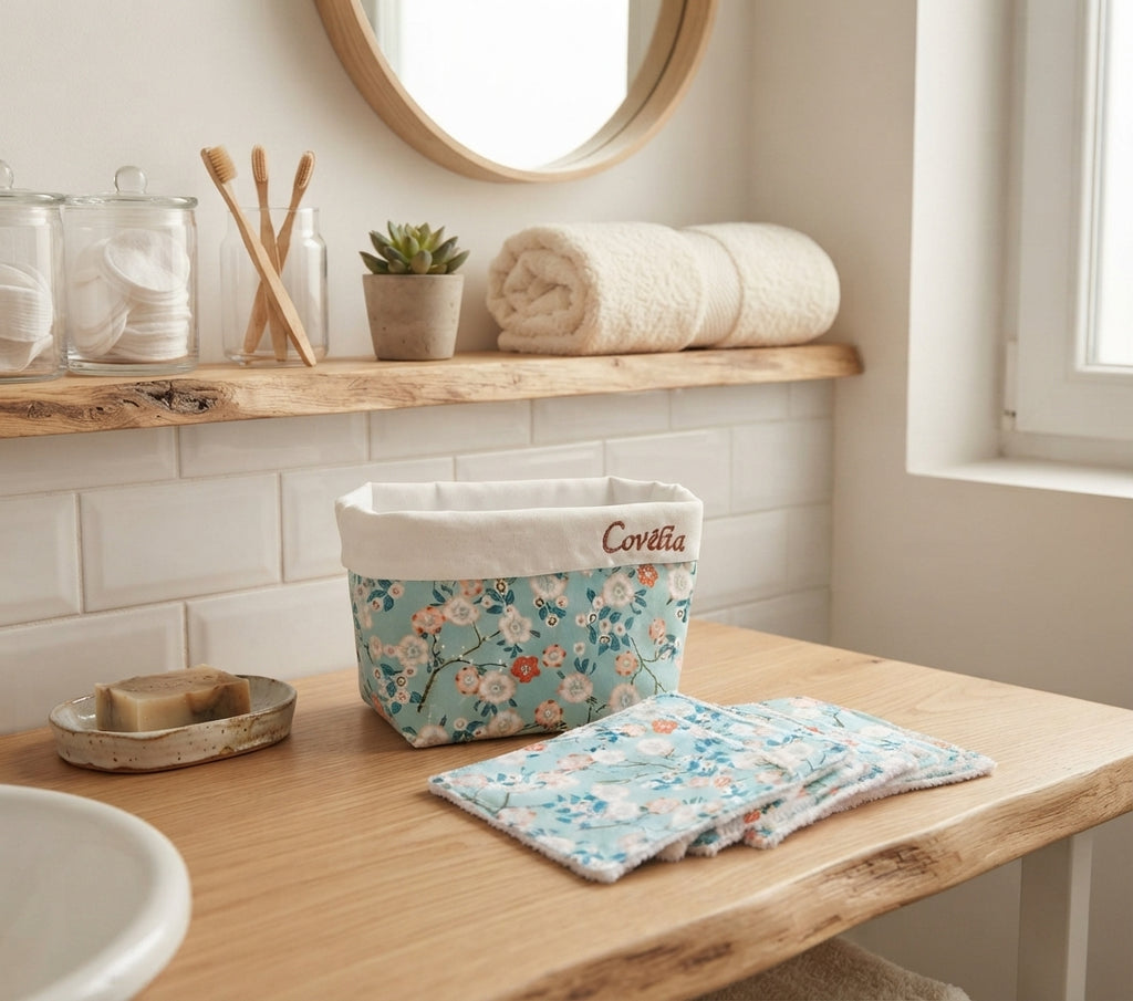 Lingettes démaquillantes lavables à motif fleuri bleu avec leur panière Covélia sur un meuble en bois 