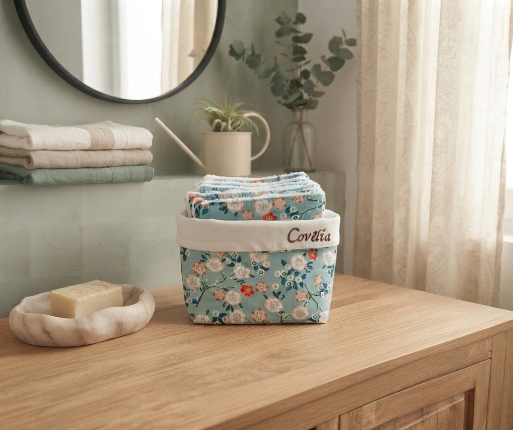 Lingettes démaquillantes lavables en bambou et coton rangées dans une panière fleurie bleue brodée Covélia 