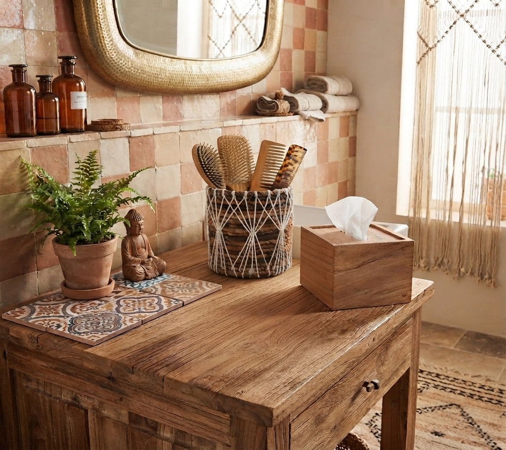 Paniers Muko en fibre de bananier dans une décoration naturelle et bohème
