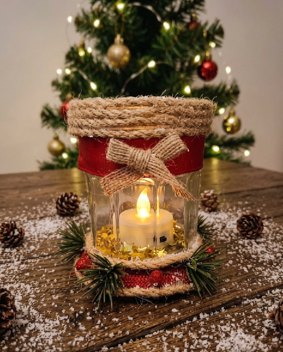 Photophore de Noël décoré à la main – Verre réemployé