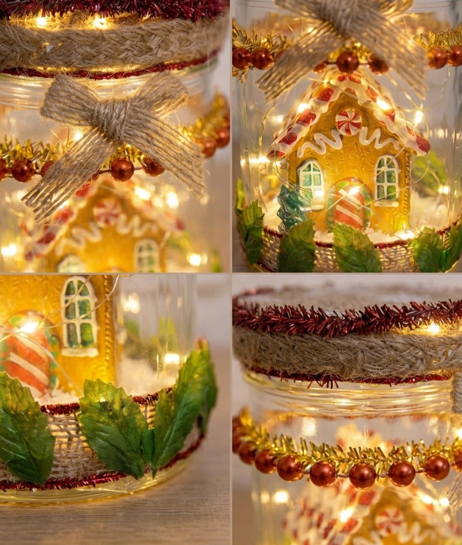 Détails de la lanterne de Noël faite main : maison illuminée, sapins, nœud et ornements rouges et dorés